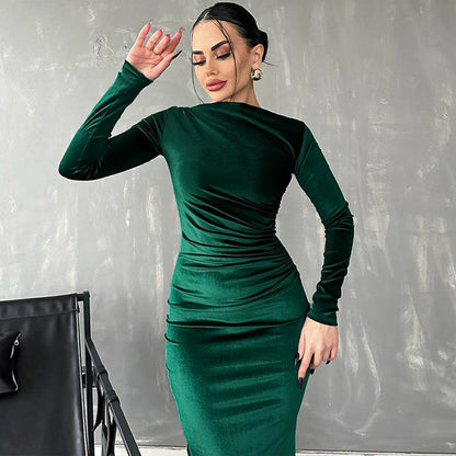 Elegant Solid Color Long Sleeve Dress with Ruching
