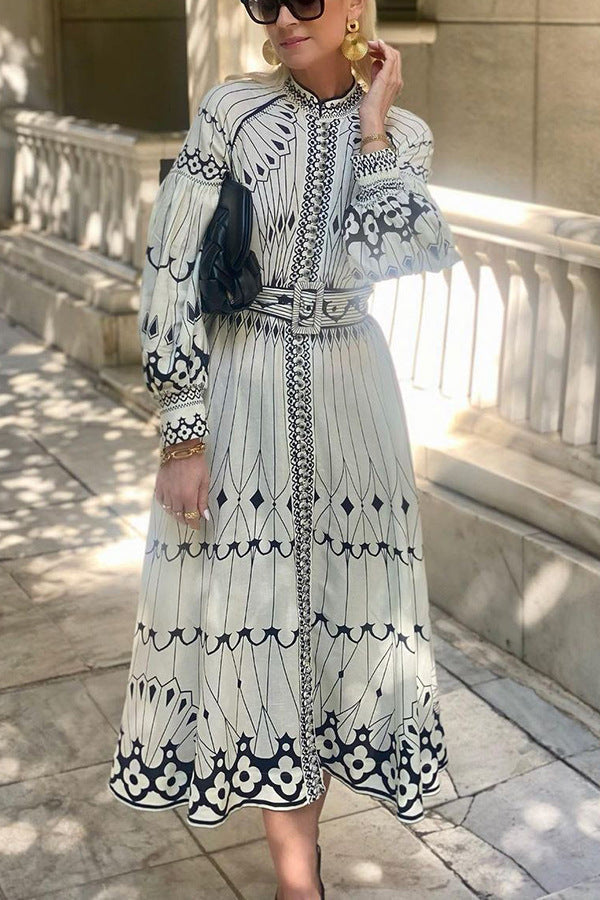 Elegant Long Sleeve Floral Print Dress with Waist Belt