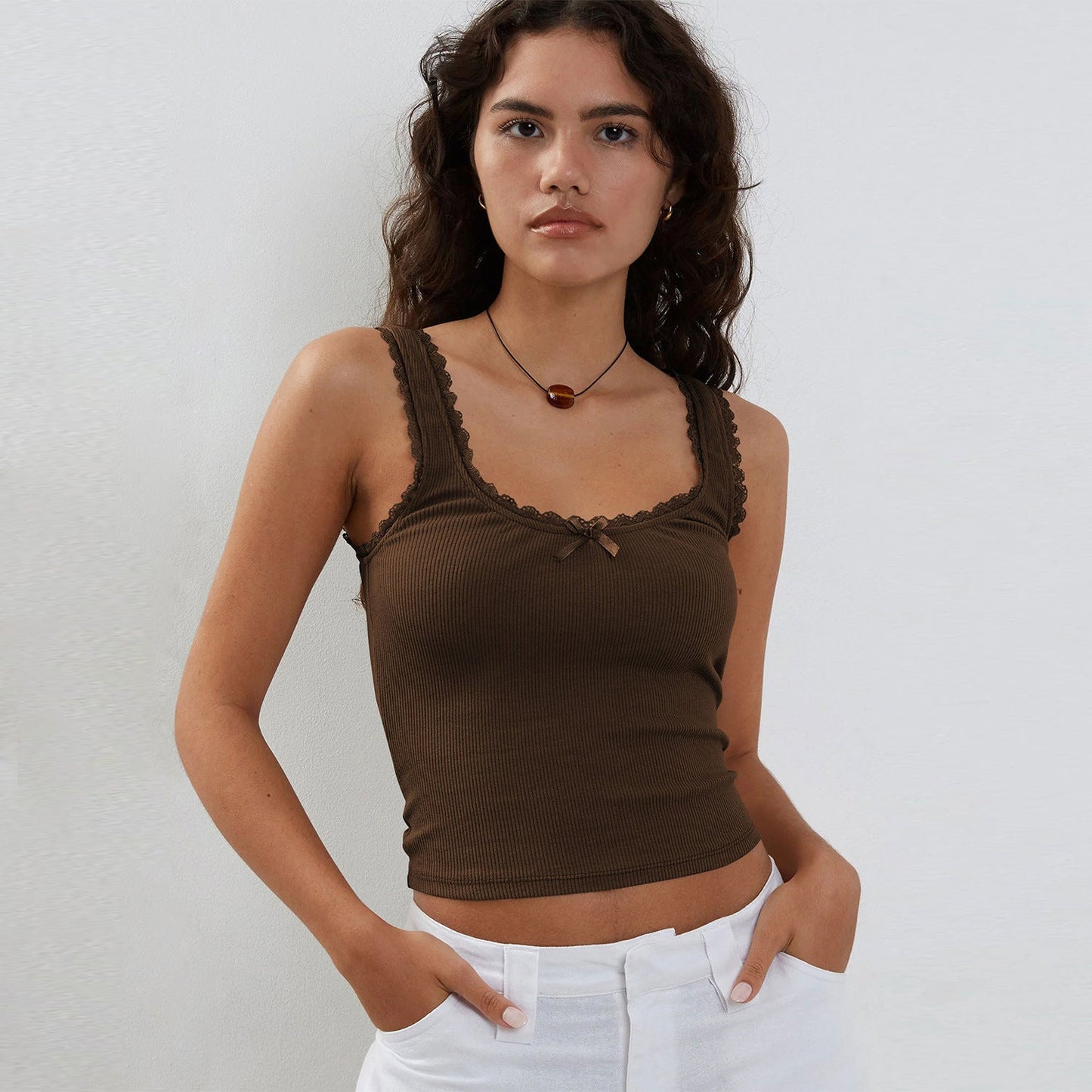 Stylish Lace Trim Knitted Crop Top