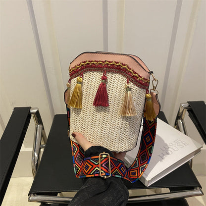 Ethnic Style Woven Bucket Bag Casual PU Crossbody Bag