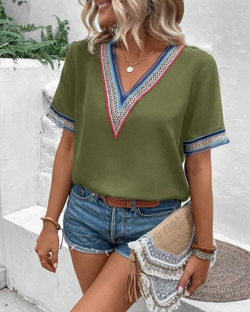 Women'S V-Neck Lace Casual Solid Color Shirt