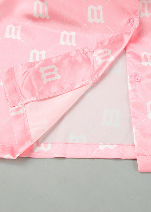Satin Two Piece Lounge Set With Monogram Print