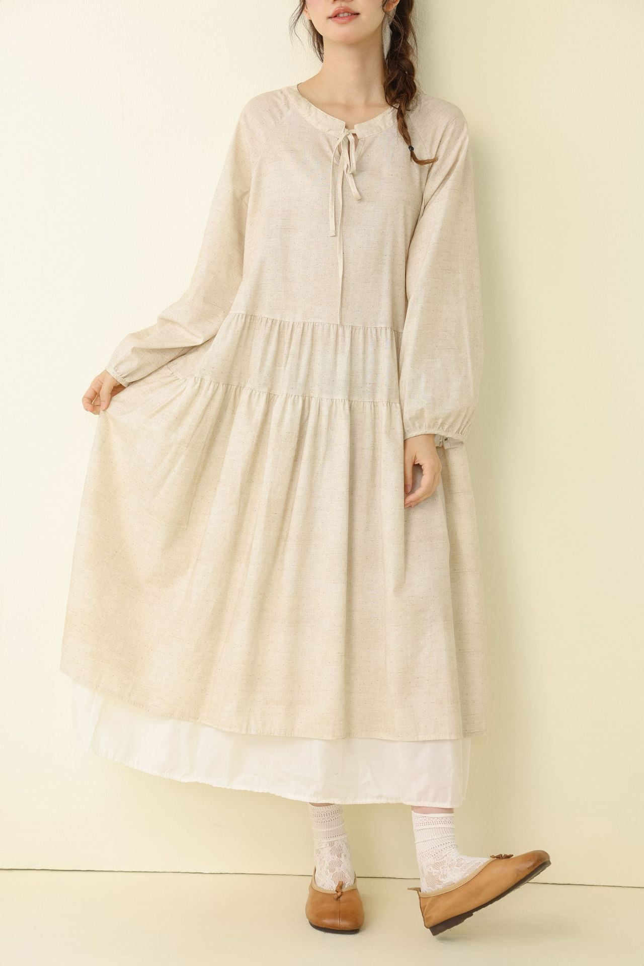 Polka Dot Long Cotton-Linen Dress Casual A-Line Dress