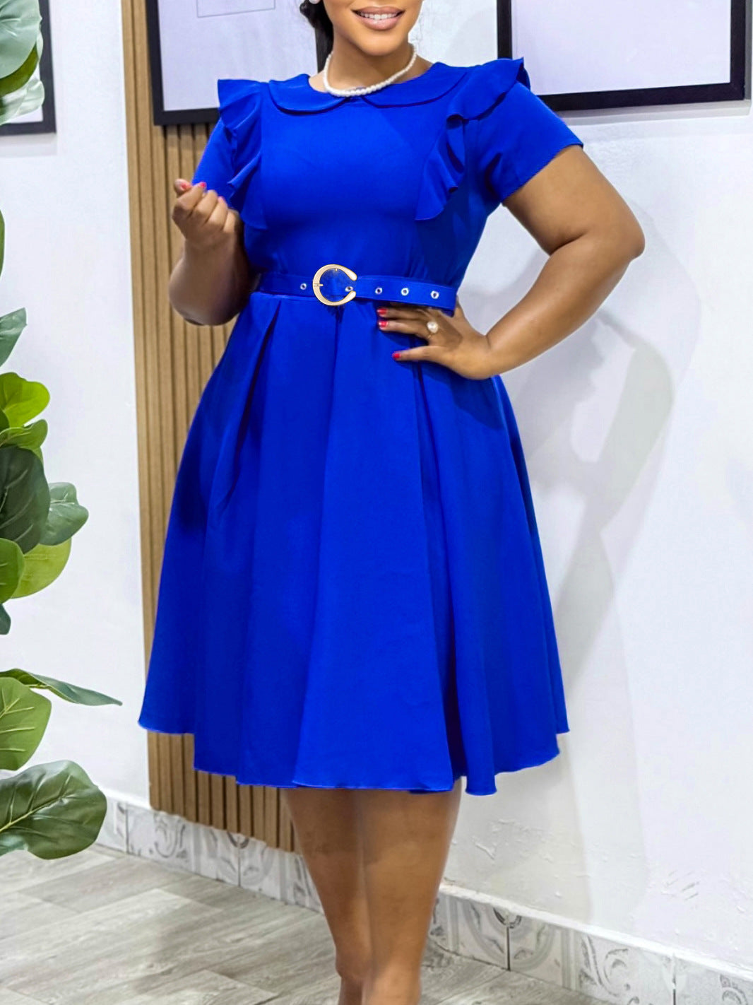 Elegant High Waist Ruffle Hem A-Line Dress With Peter Pan Collar