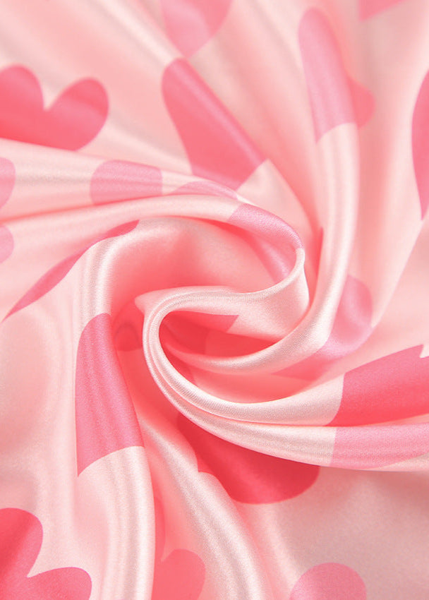 Heart Print Satin Pajama Set Relaxed Fit Pink