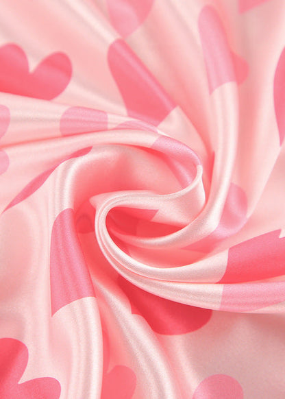 Heart Print Satin Pajama Set Relaxed Fit Pink