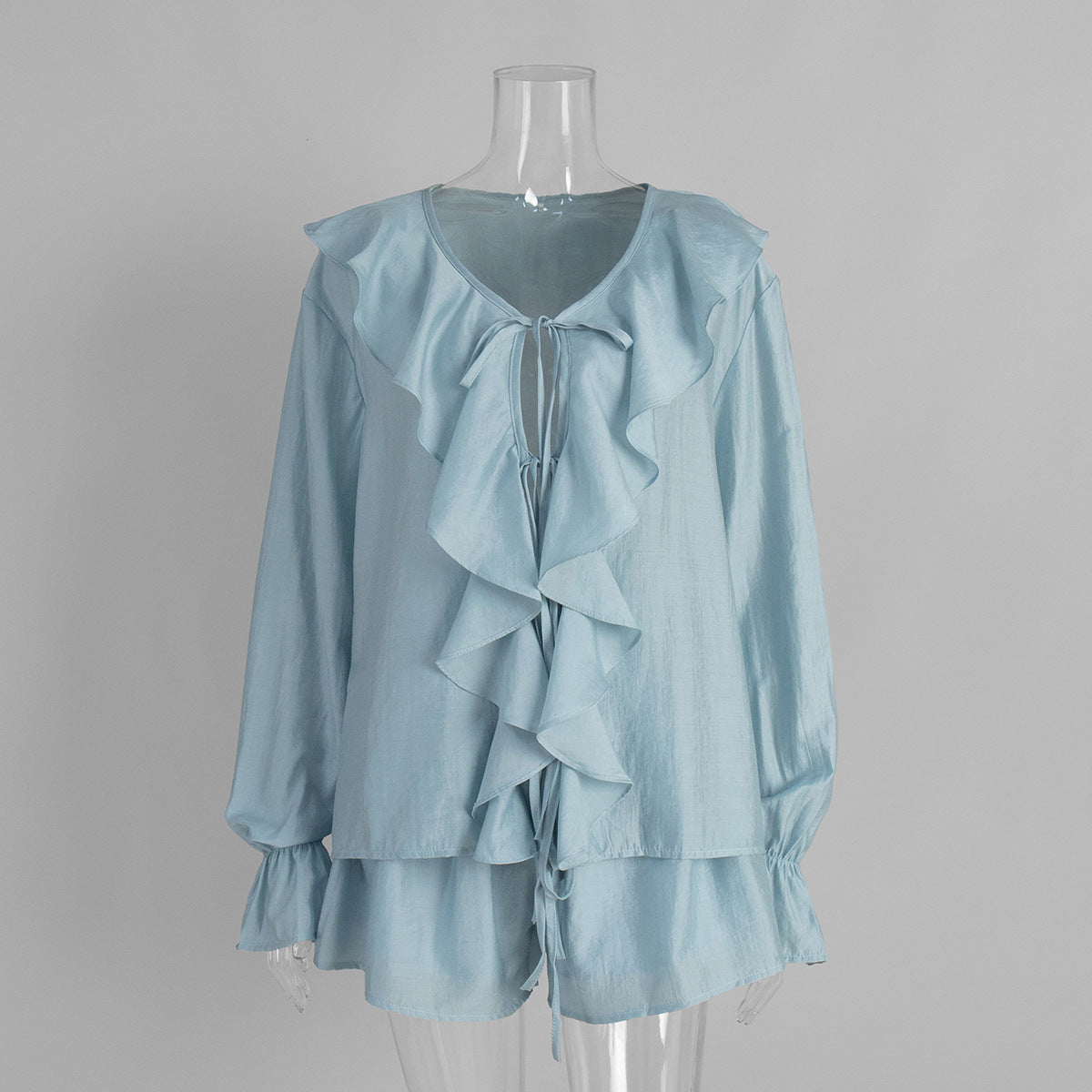 French V-Neck Ruffle Sleeve Shirt and Shorts Set
