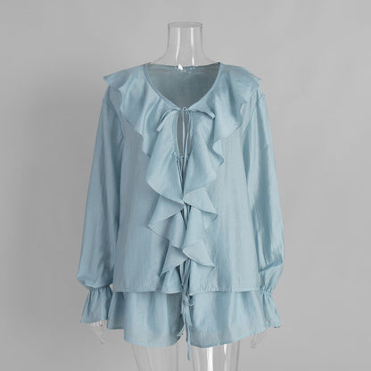 French V-Neck Ruffle Sleeve Shirt and Shorts Set