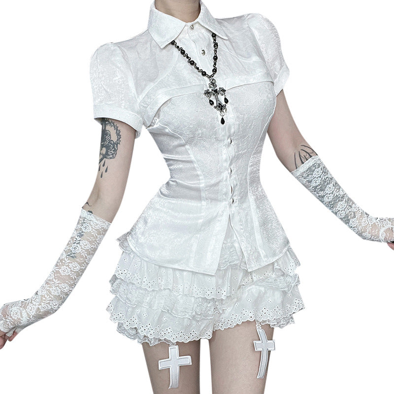 Lace Patchwork Short Sleeve Shirt - Dark Aesthetic Street Style