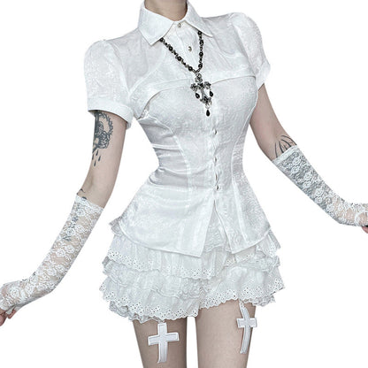 Lace Patchwork Short Sleeve Shirt - Dark Aesthetic Street Style
