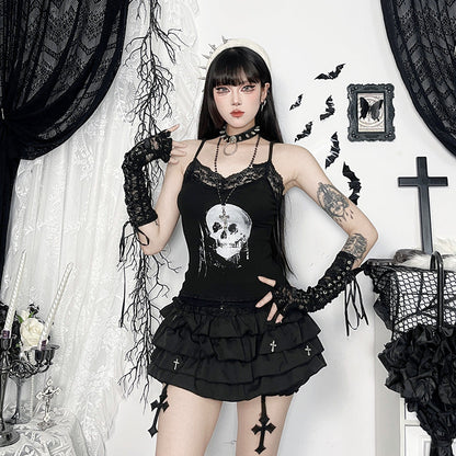 Skull Print Lace Trim Camisole Top for Casual Wear