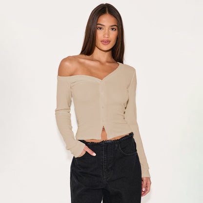 Asymmetrical Neck Long Sleeve Button Knit Cardigan T-Shirt