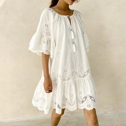 White Lace Midi Dress Elegant Casual Cotton Summer Dress