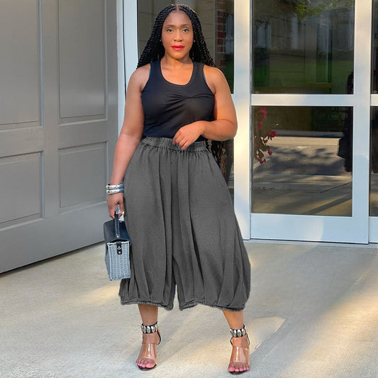 Casual Wide-Leg Denim Cropped Pants With Elastic Waist