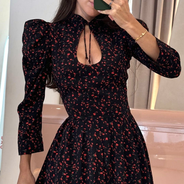 Floral Print Short Dress High Waist A-Line Dress