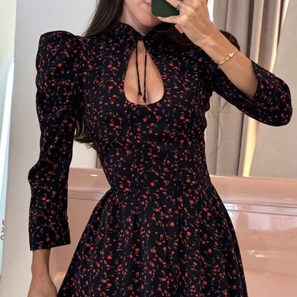 Floral Print Short Dress High Waist A-Line Dress