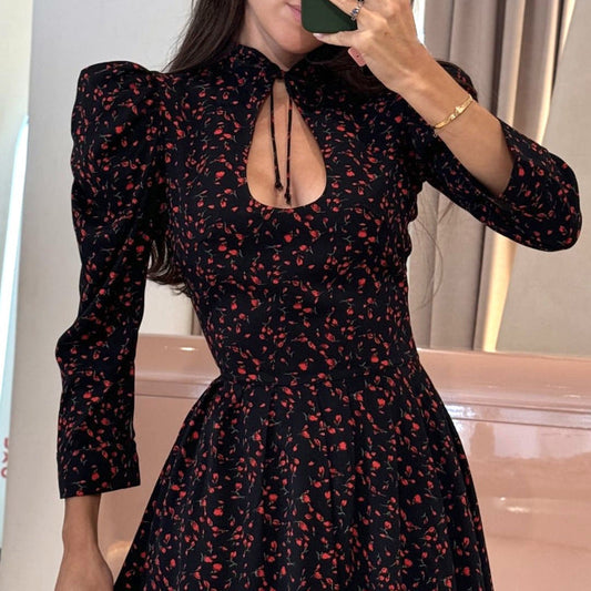 Floral Print Short Dress High Waist A-Line Dress