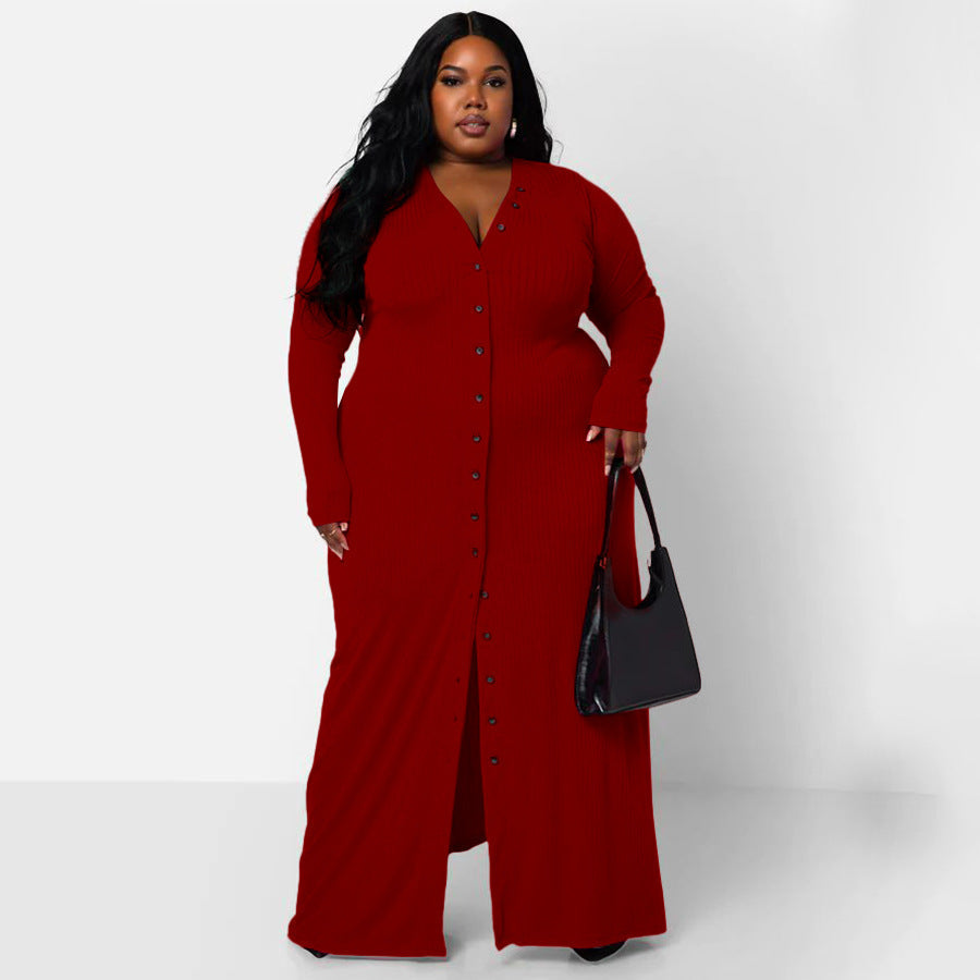 Plus Size Women'S V-Neck Split Hem Dress Stylish Casual A-Line Dress