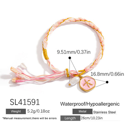 Colorful Hand-Woven Tassel Bracelet with 18K Gold Shell Pendant