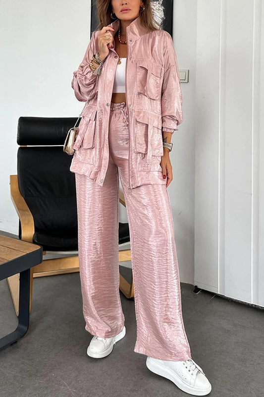 Fashionable Long Sleeve Solid Color Two-Piece Set with Straight-Leg Pants