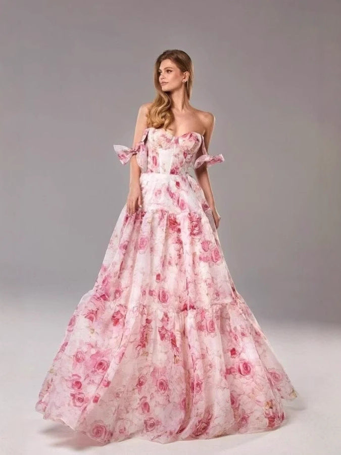 Elegant Off-Shoulder Maxi Dress with 3D Floral Design