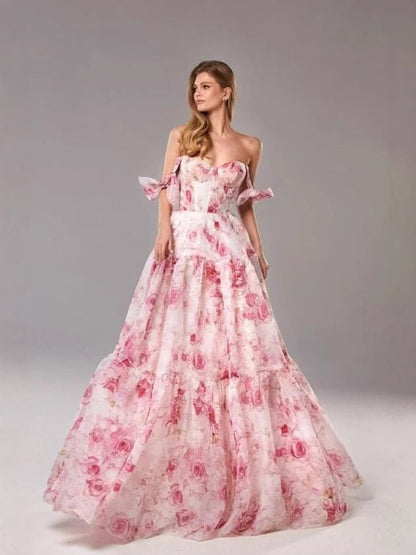 Elegant Off-Shoulder Maxi Dress with 3D Floral Design
