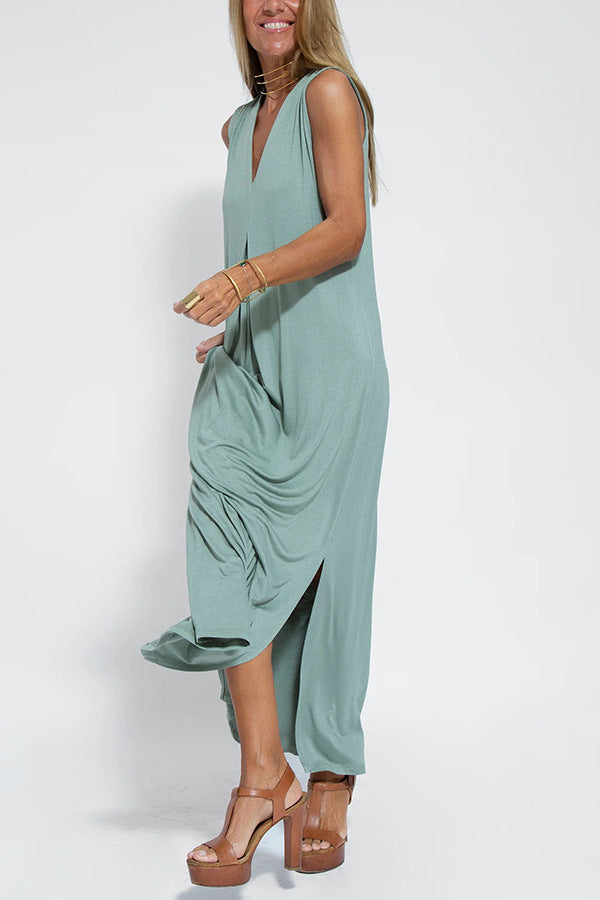 Solid Color V-Neck Maxi Dress and Cardigan Set for Women