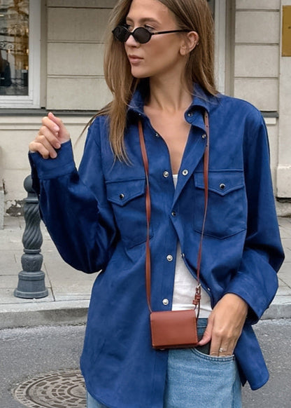 Oversized Suede Button Up Shirt Navy