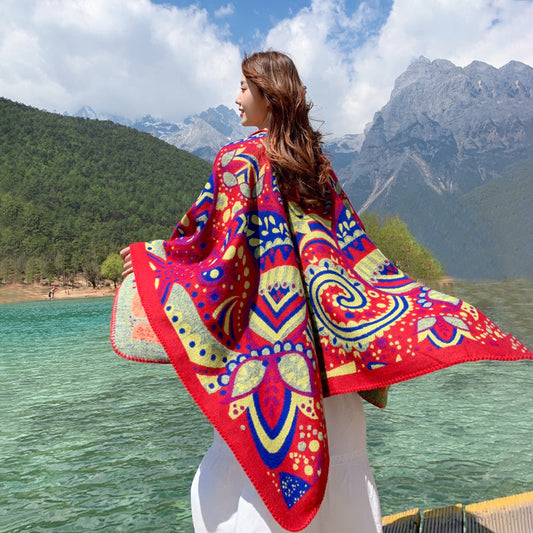 Multi-Purpose Tibetan Style Shawl Cashew Flower Cloak Winter Warm Open National Wind Air-Conditioning Scarf