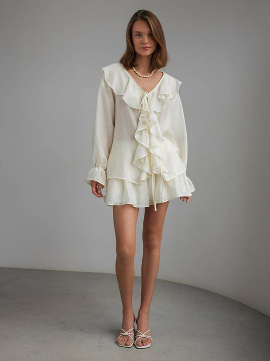 French V-Neck Ruffle Sleeve Shirt and Shorts Set