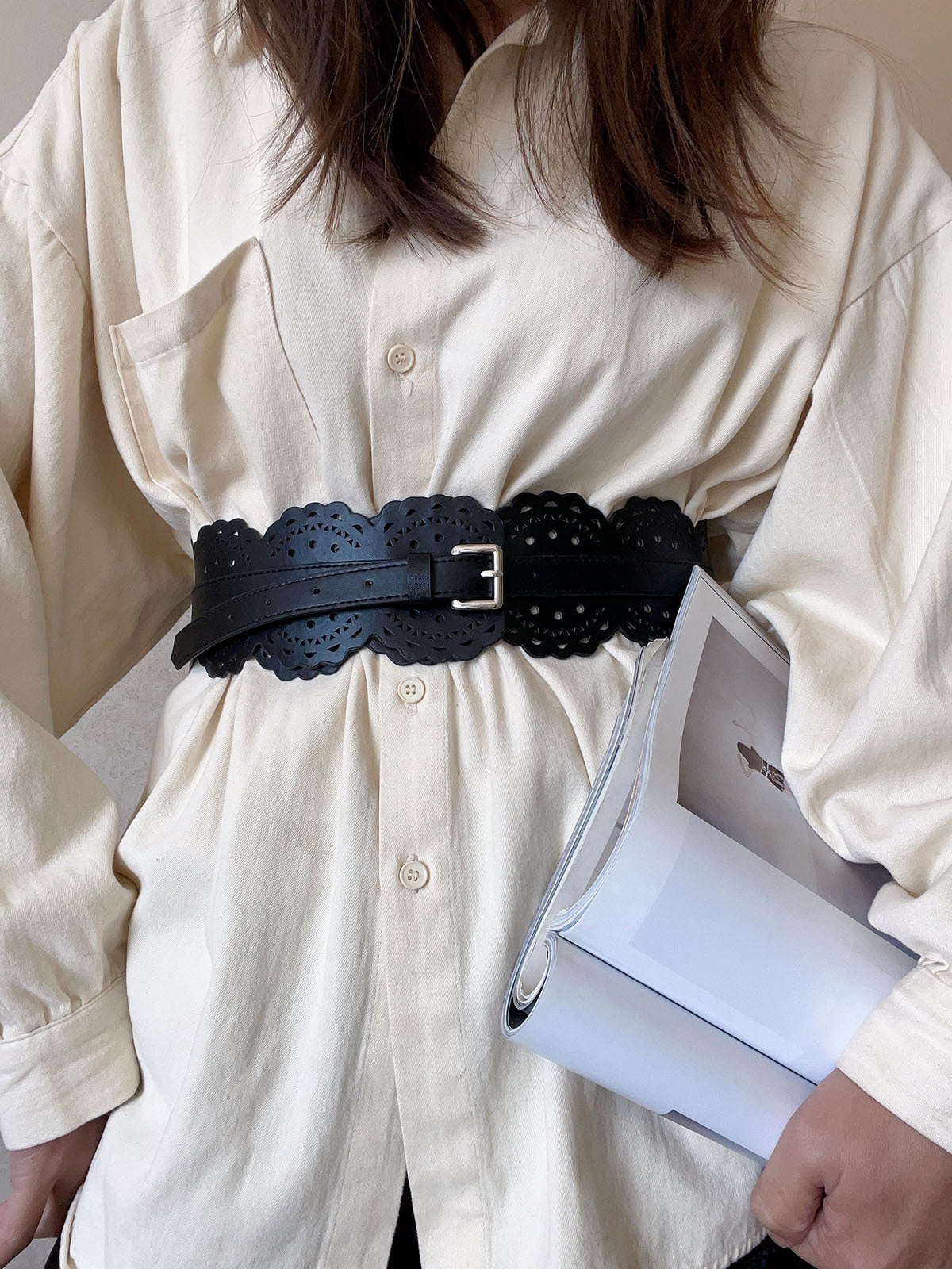 Simple Hollow Flower Wide Leather Belt
