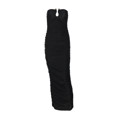 Slim Fit V-Neck Ruched Midi Dress in Black