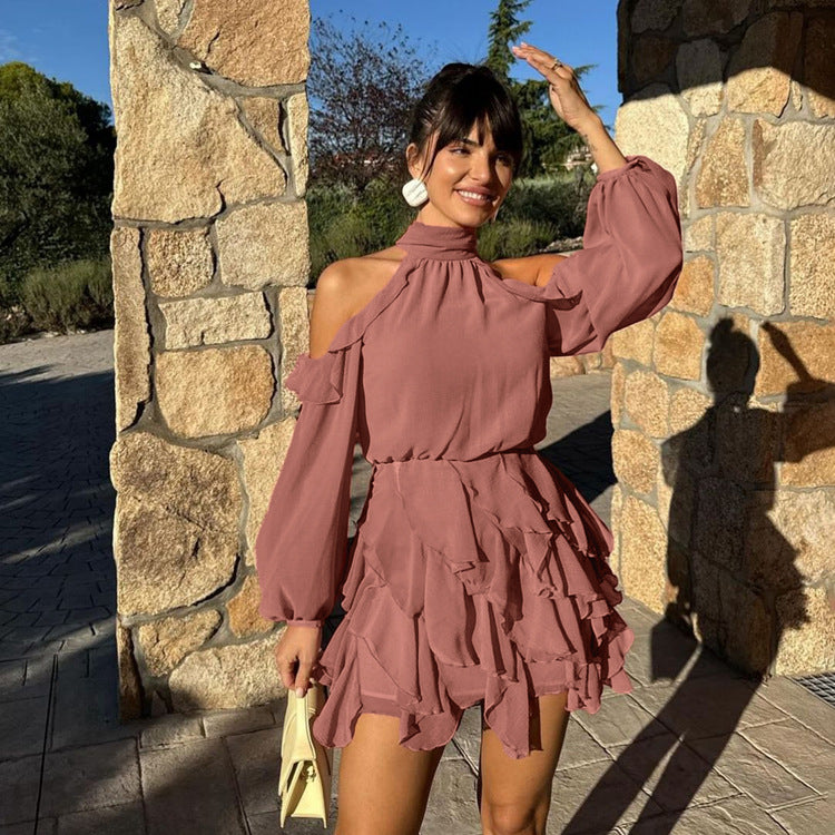 Elegant Chiffon A-Line Dress with Halter Neck and Long Sleeves