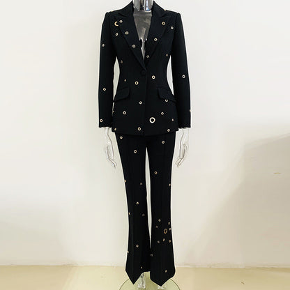 Metallic Button Blazer & Trousers Set Elegant Street Style