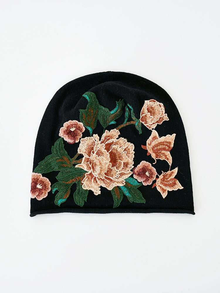 Black Pile Hat Women'S Autumn And Winter Embroidery Thin Postpartum Knitted Woolen Confinement Hat Versatile Bun Cap
