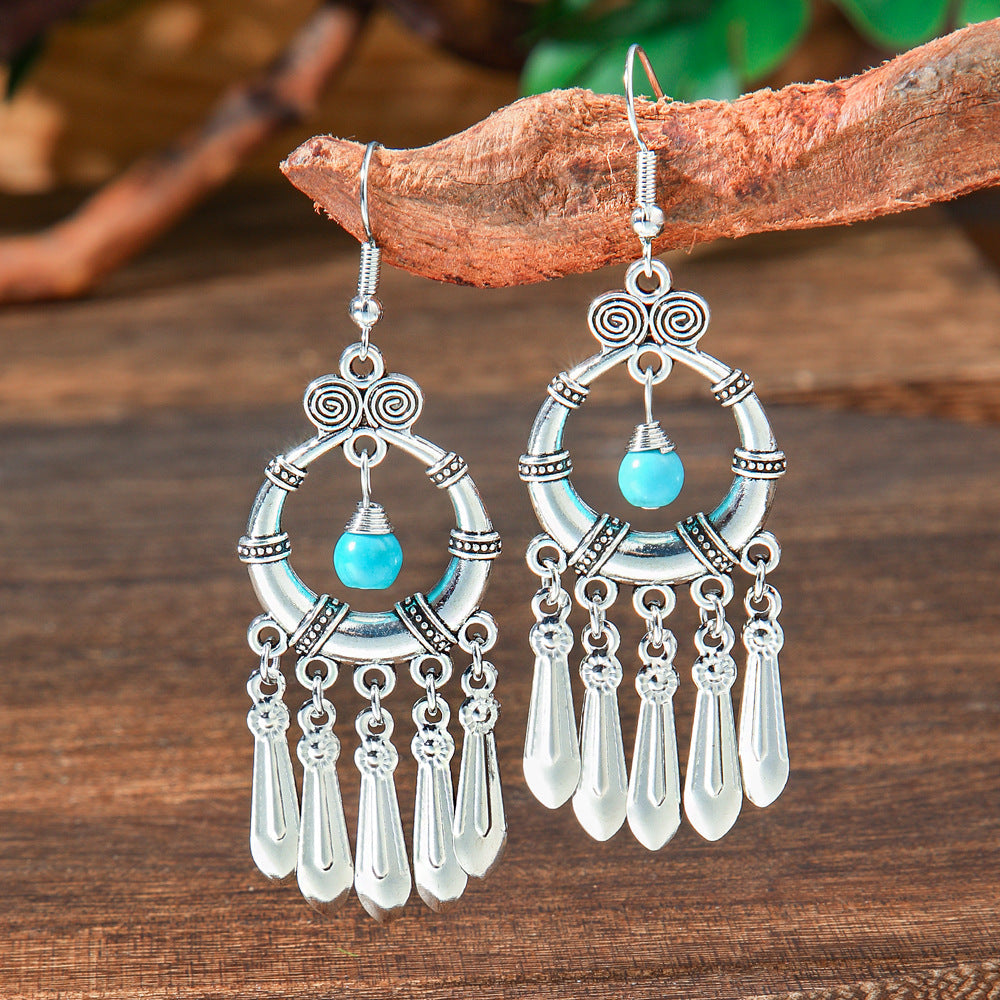 Geometric Turquoise Fringe Earrings Set Bohemian Style