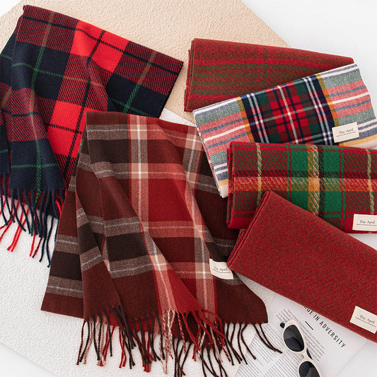 Vintage Plaid Color Block Warm Tassel Scarf