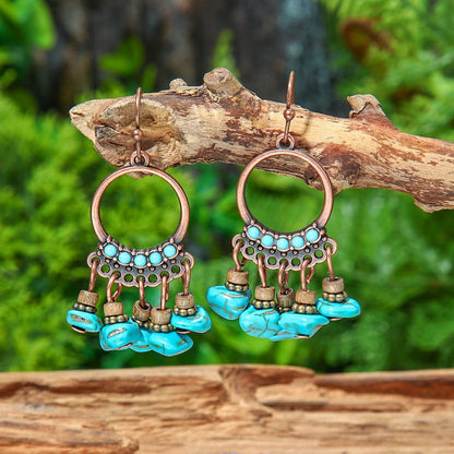 Bohemian Vintage Leaf Shaped Beaded Tassel Earrings with Turquoise