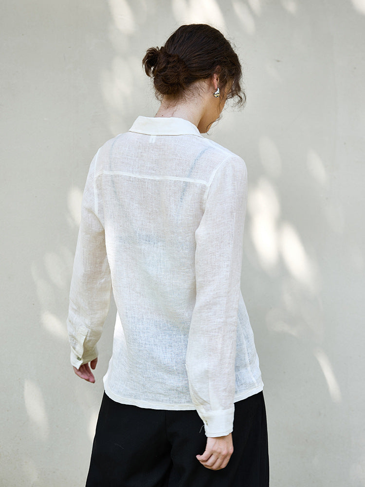 Relaxed Fit Solid Color Linen Shirt For Women