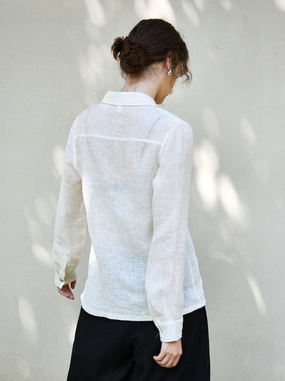 Relaxed Fit Solid Color Linen Shirt For Women