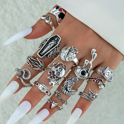 Vintage Geometric Ring Set With Black Stone