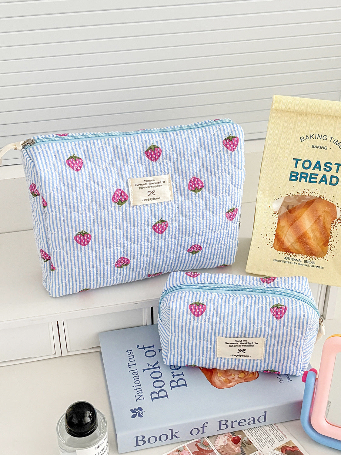 Blue Strawberry Striped Makeup Bag Quilted Portable Toiletry Bag