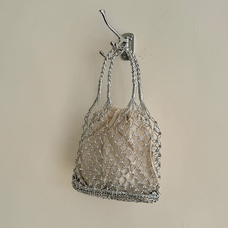 Handwoven Solid Color Tote Bag With Gold & Silver Lurex