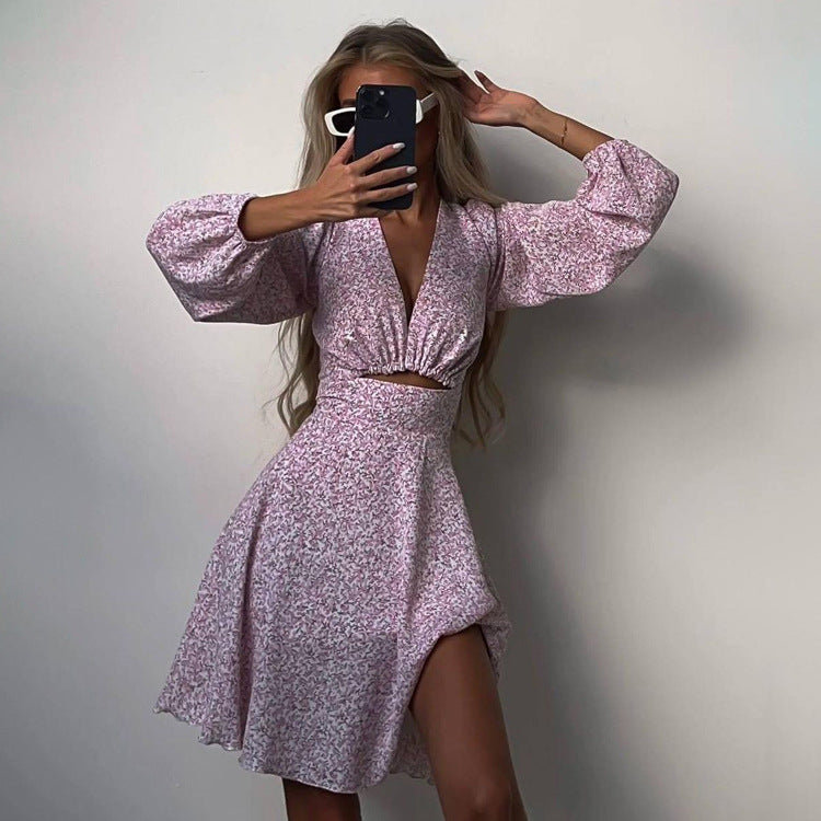 Elegant Floral V-Neck A-Line Dress Casual Polyester Dress