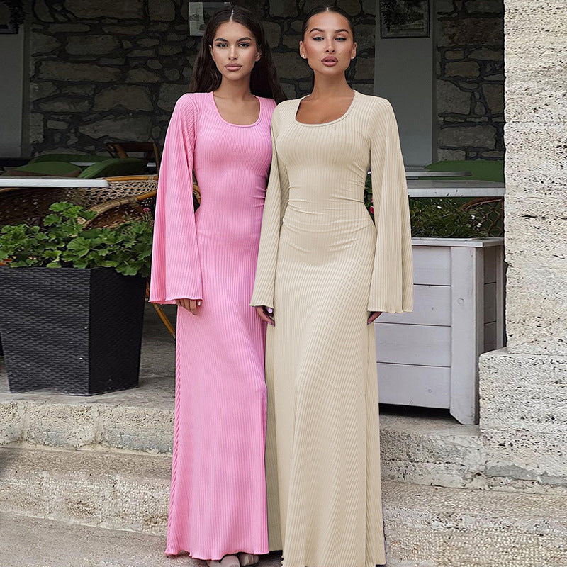 Trendy Casual U-Neck Long Sleeve Dress with Back Tie