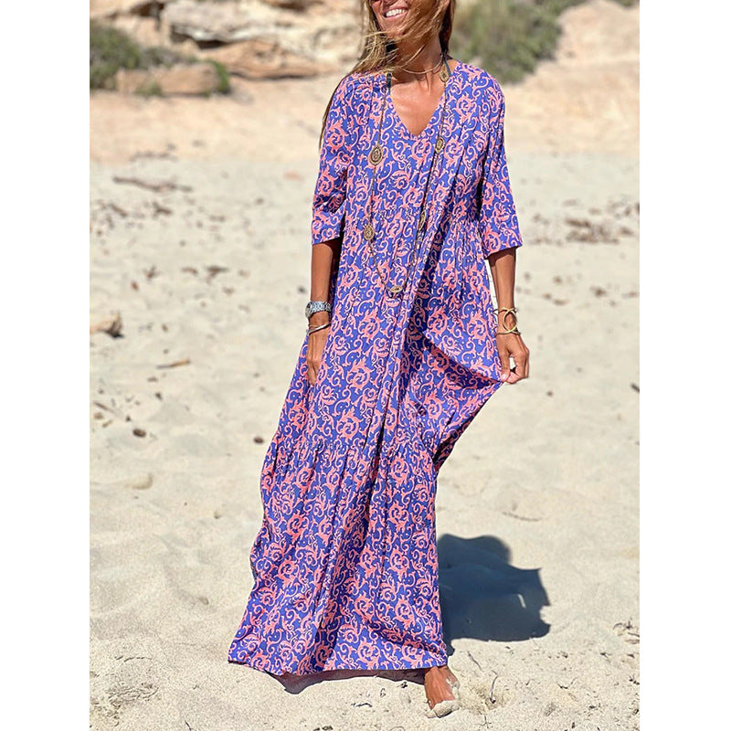 Early Autumn New Fashion V-Neck Print Casual Beach Swing Dress