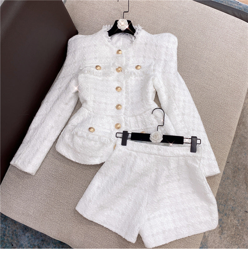 Pattern White Tweed Jacket & Shorts Set
