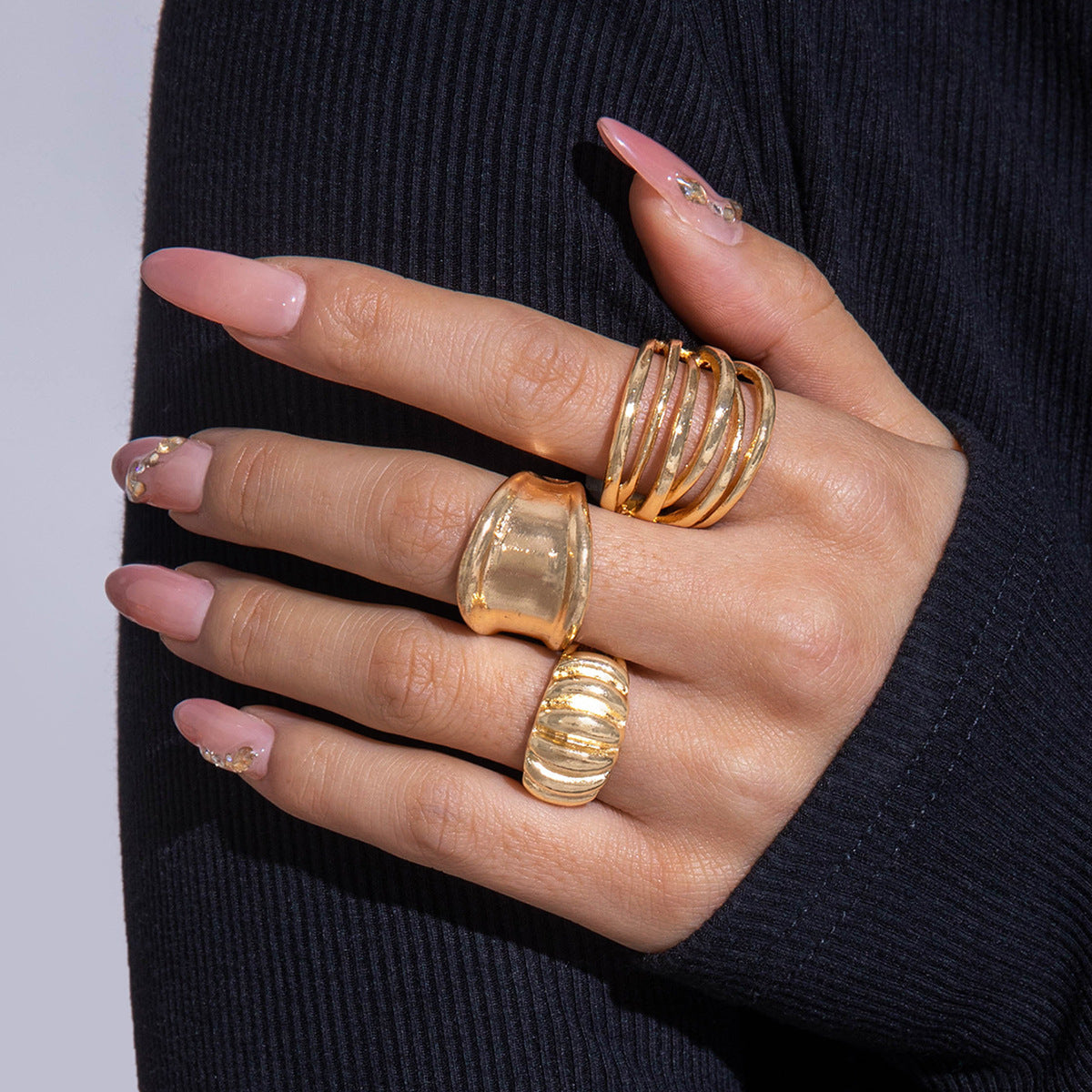 Elegant Irregular Geo Cutout Arc Ring Set - 4 Pieces