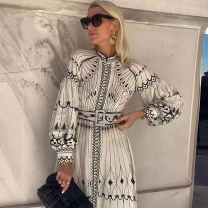 Casual Retro Lantern Sleeve Belted Linen Dress