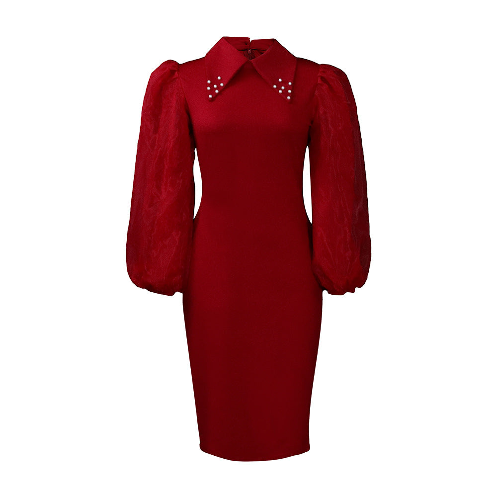 Pencil Skirt Dress With Beading And Mesh Panel